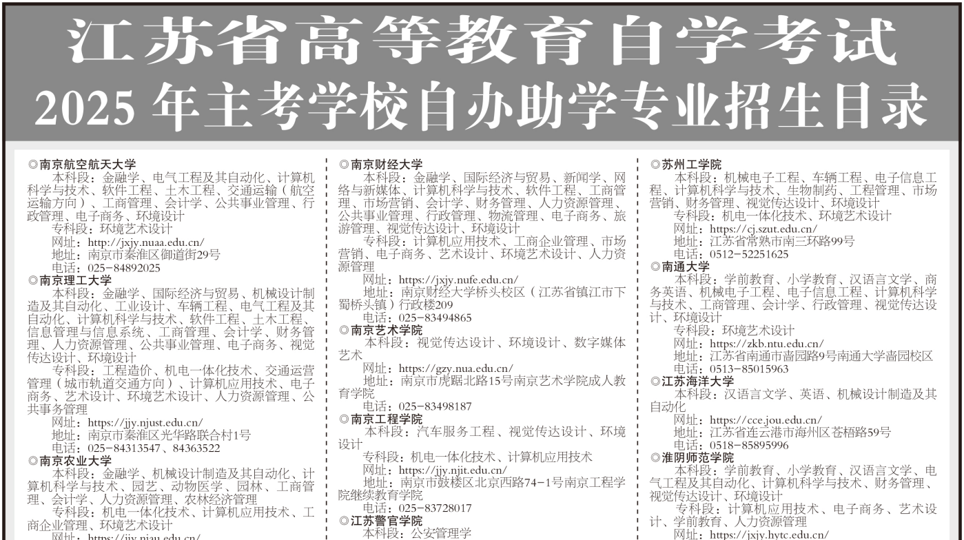 江蘇省高等教育自學(xué)考試2025年主考學(xué)校自辦助學(xué)專(zhuān)業(yè)招生目錄